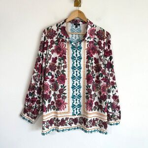 Talbots Floral Border Blouse Button Down Shirt Scroll Print Boho Plus Size 2X